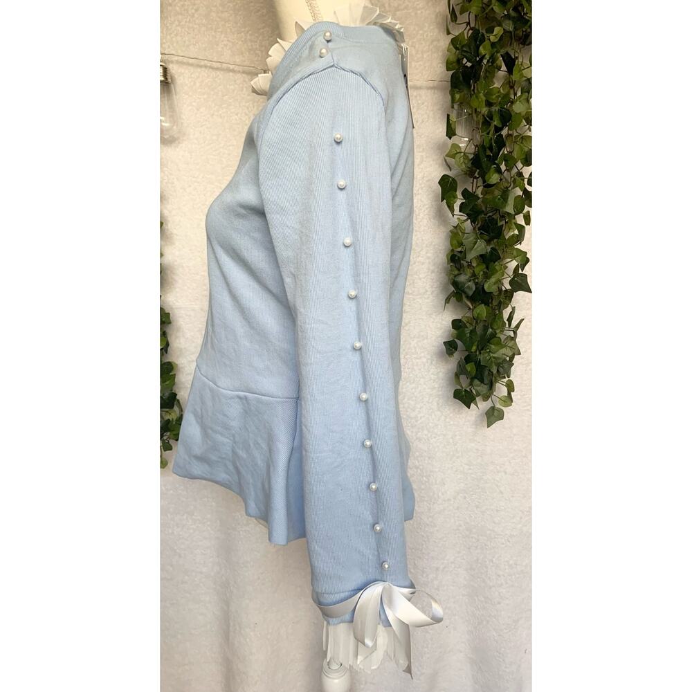 NWT CBR Blue Ruffled Collar Beaded with Bows Long Sleeved Blouse Women's Large - Picture 7 of 11